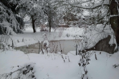 gefrorener Weiher mit viel Schnee