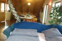 Wohnzimmer und Scherenleiter zur Galerie